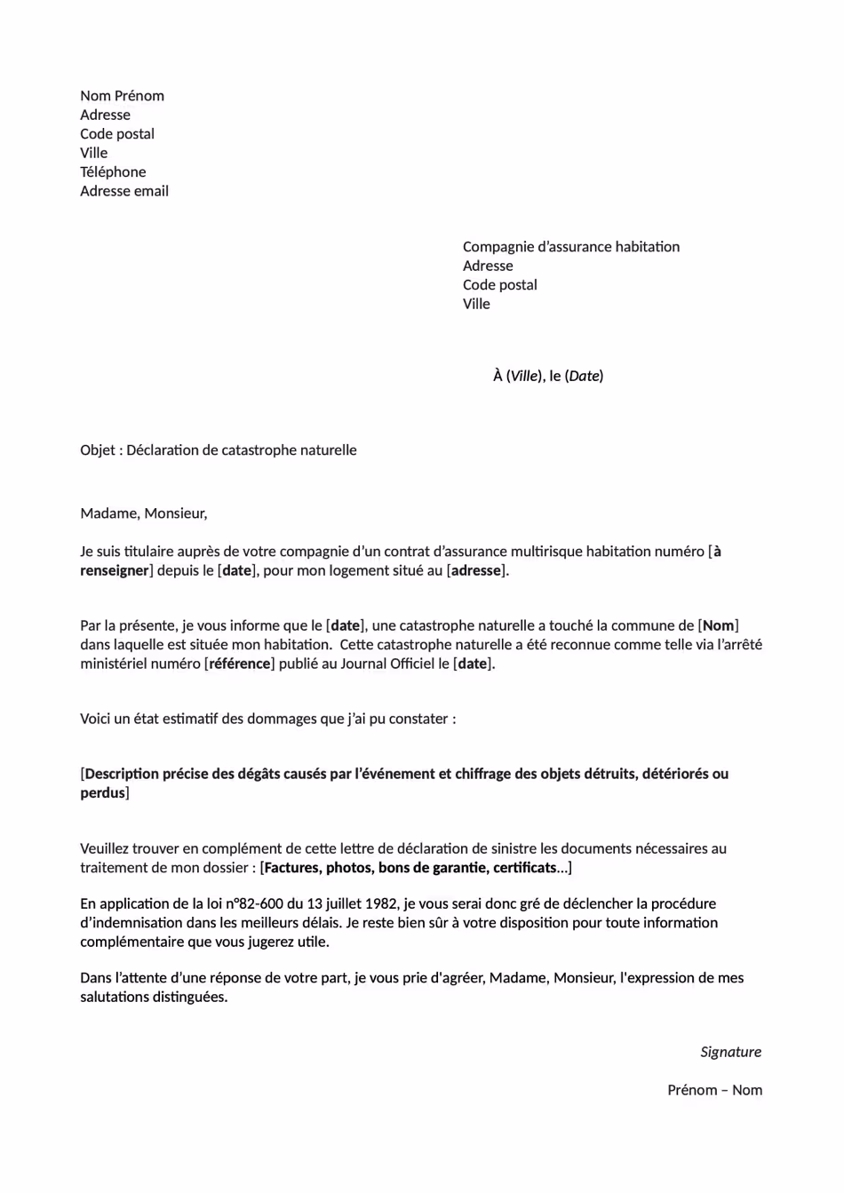 Modèle de lettre de déclaration de catastrophe naturelle