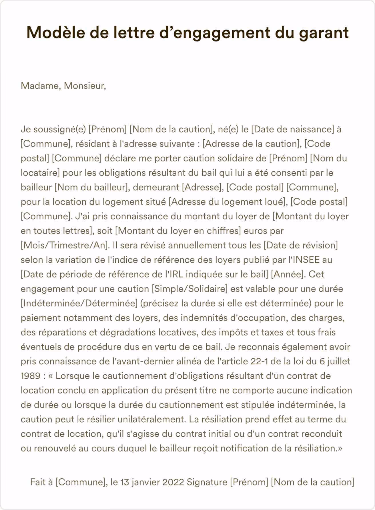Modèle de lettre d’engagement du garant