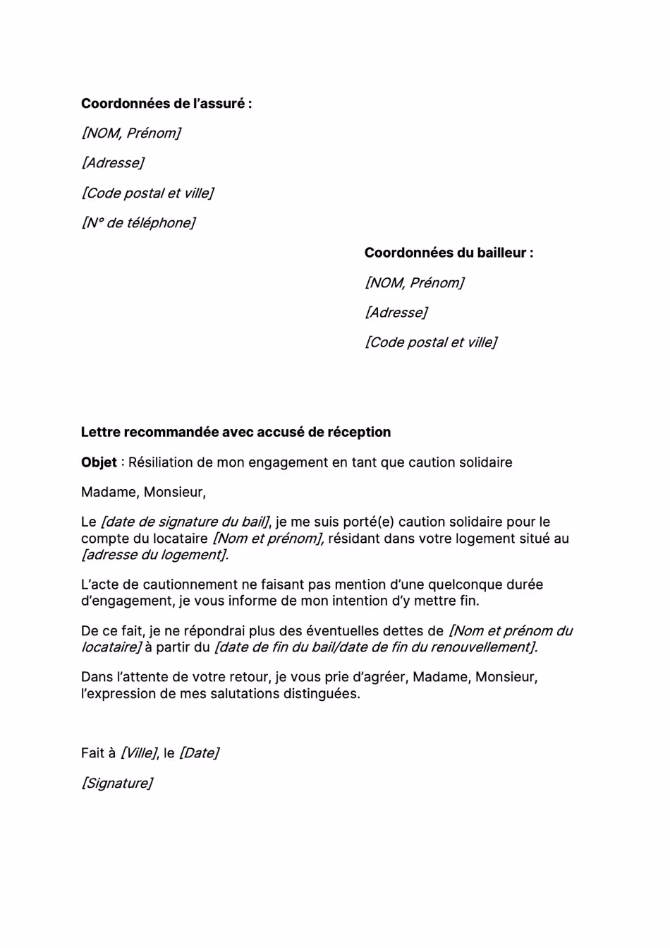 Modèle de lettre de résiliation de caution solidaire