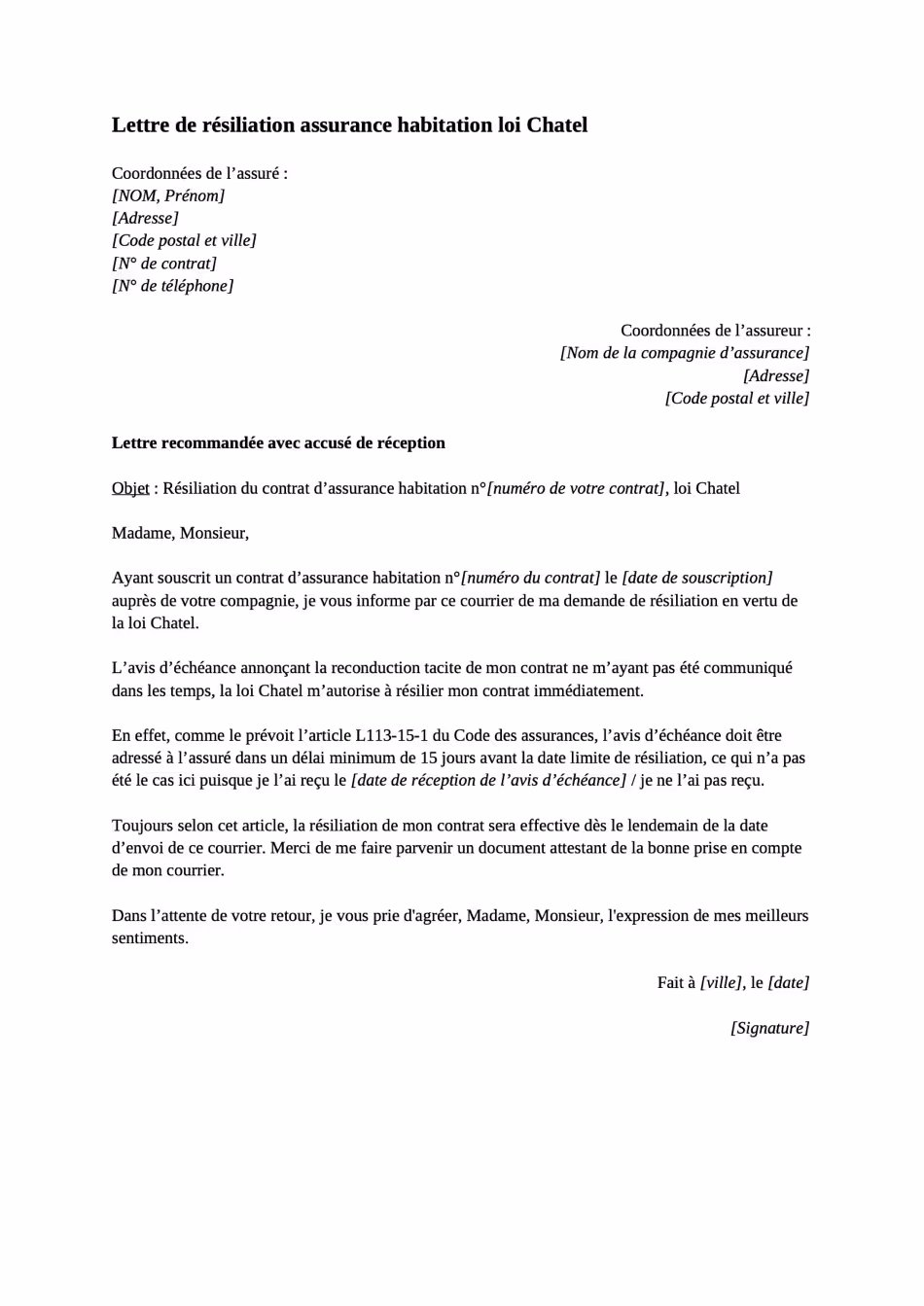Lettre de résiliation assurance habitation loi Chatel