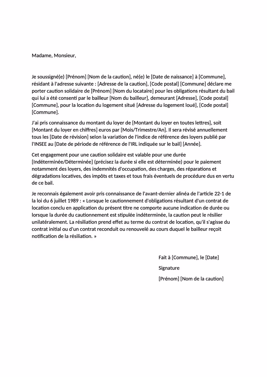 Modèle d'acte de caution solidaire