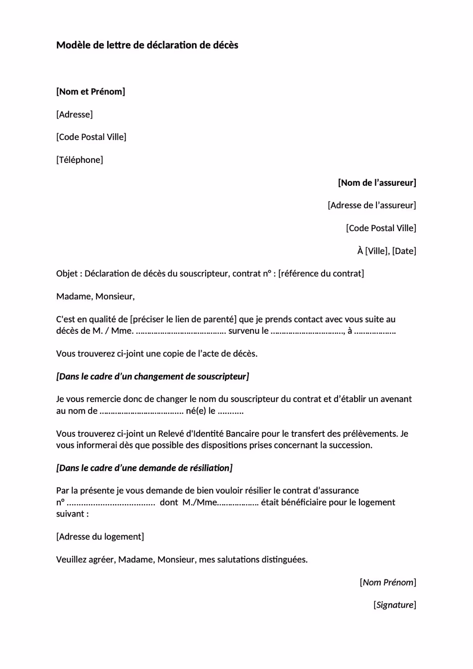 Modèle de lettre de déclaration de décès