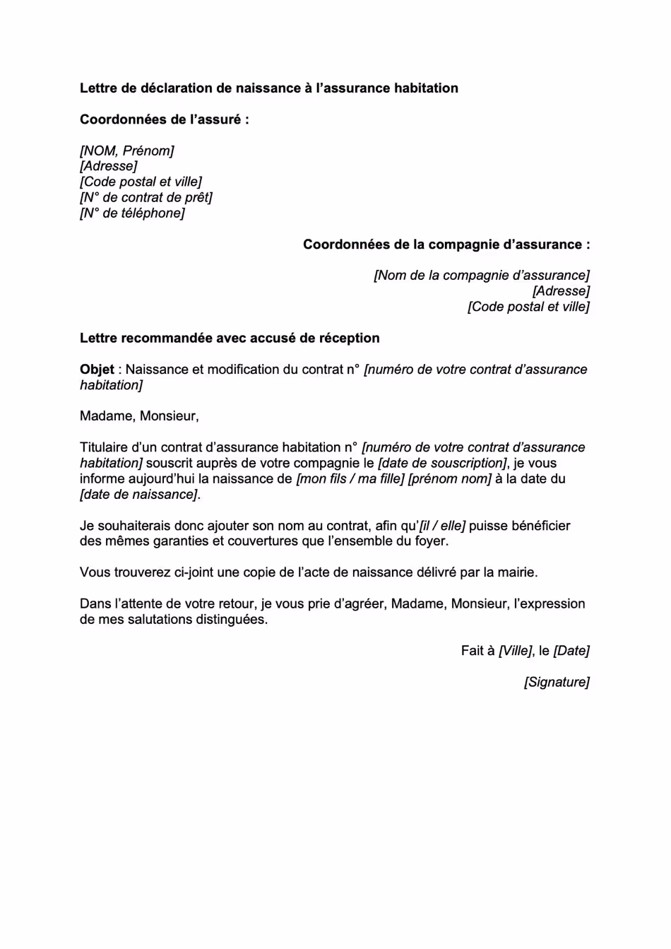 Modèle de lettre de déclaration de naissance