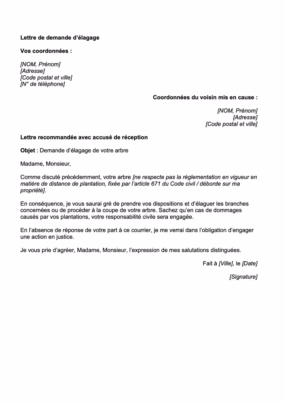 Lettre demande élagage