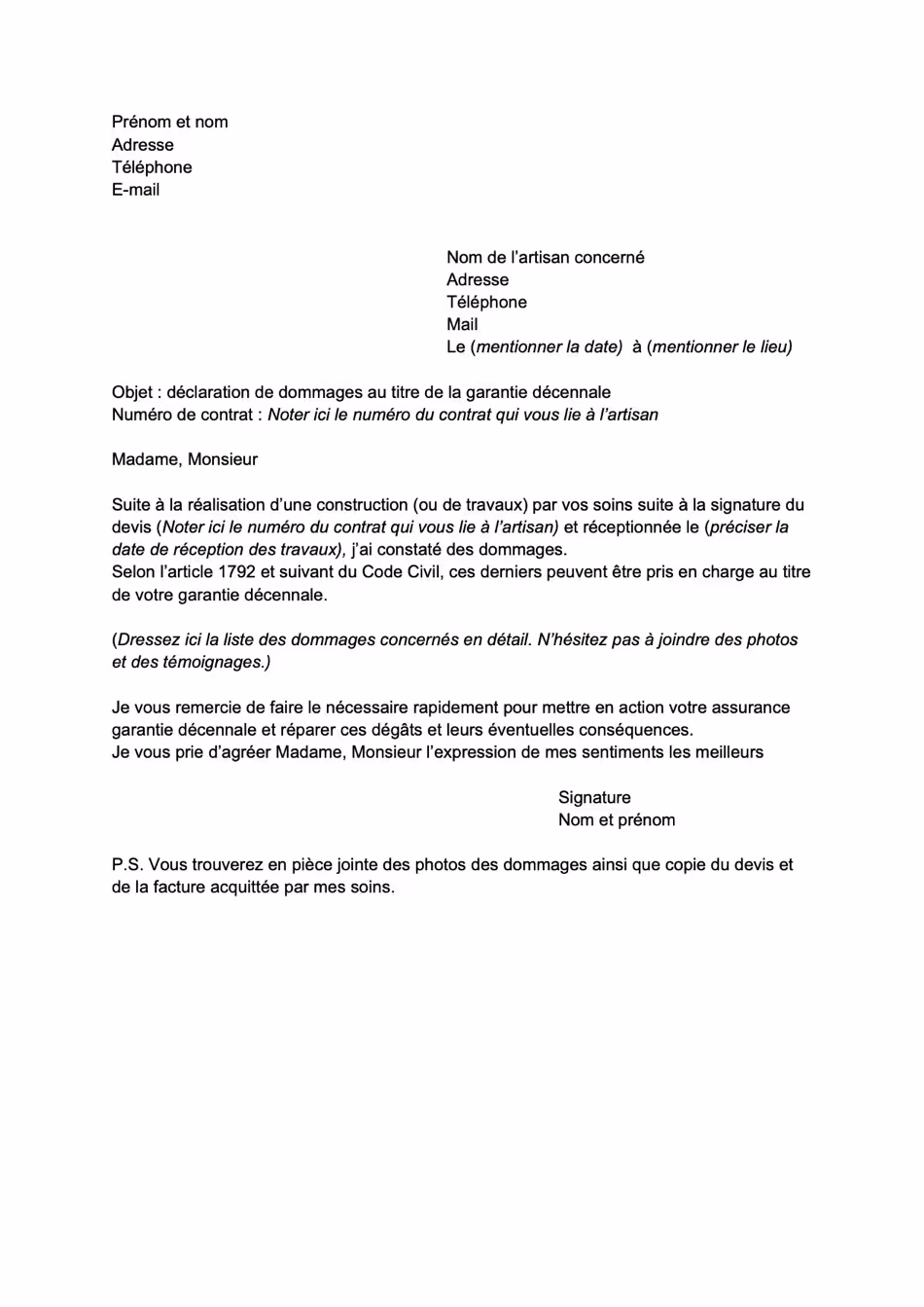 Modèle de lettre de déclaration de dommage-ouvrage