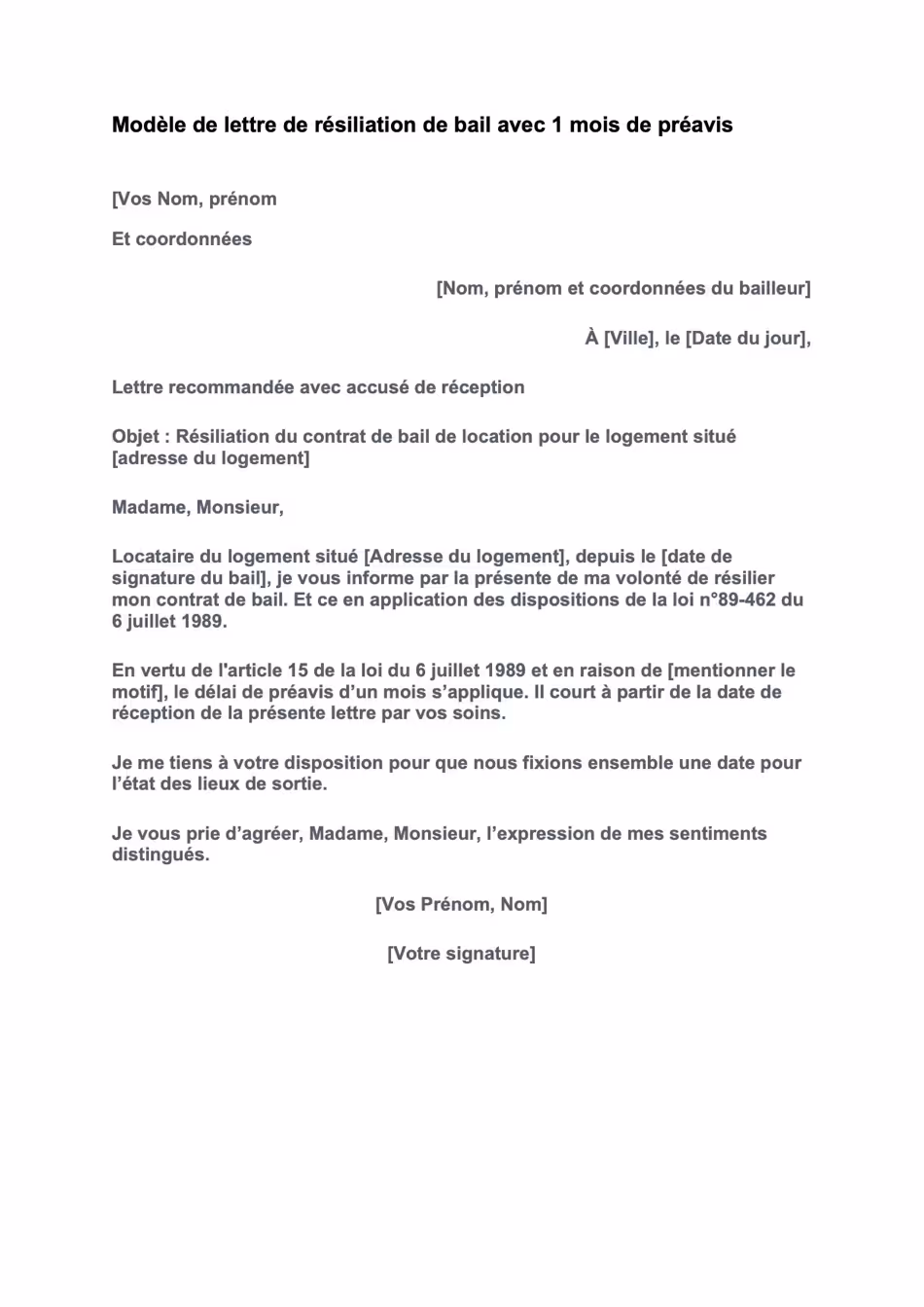 Lettre de résiliation de bail pour un logement en zone tendue