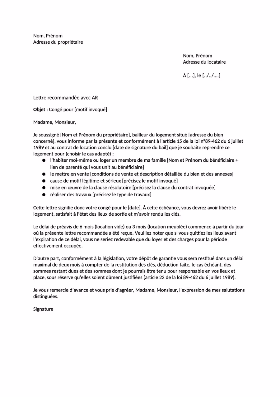 Modèle de lettre de résiliation de bail par le propriétaire
