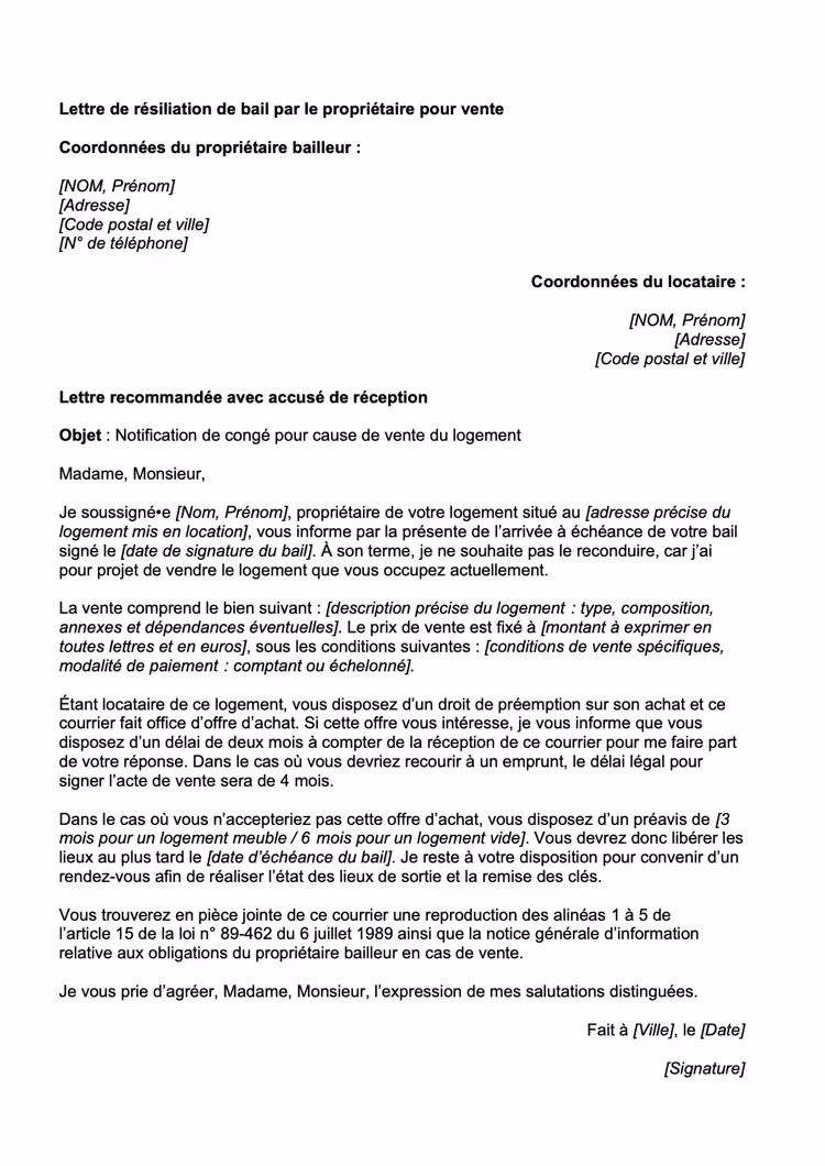 Modèle de lettre de résiliation de bail par le propriétaire pour vente